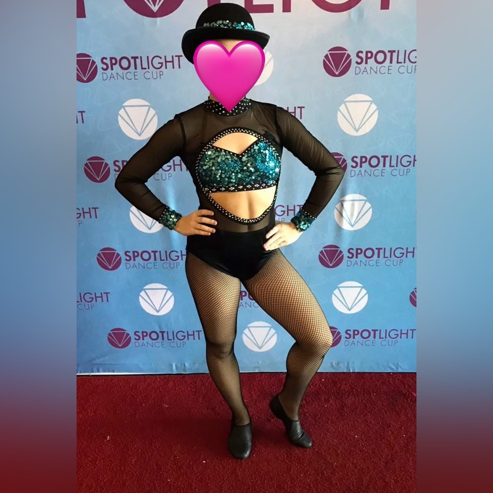 Custom black bling & teal sequin SOLO dance costume adult XS/S